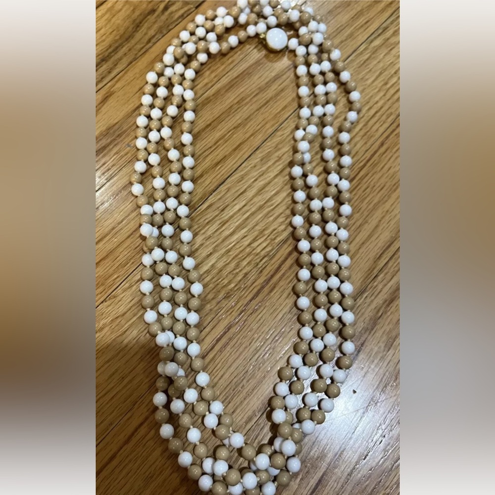 Vintage West Germany 120” Single Multi Layered Brown White Plastic Bead Necklace